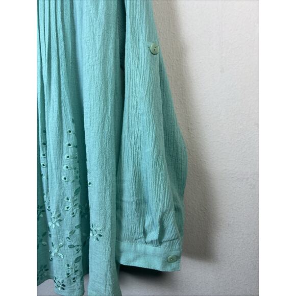 Soft Surroundings 2X Tunic Shirt Turquoise Roll Long Sleeve Pleated Eyelet XXL - Picture 2 of 8
